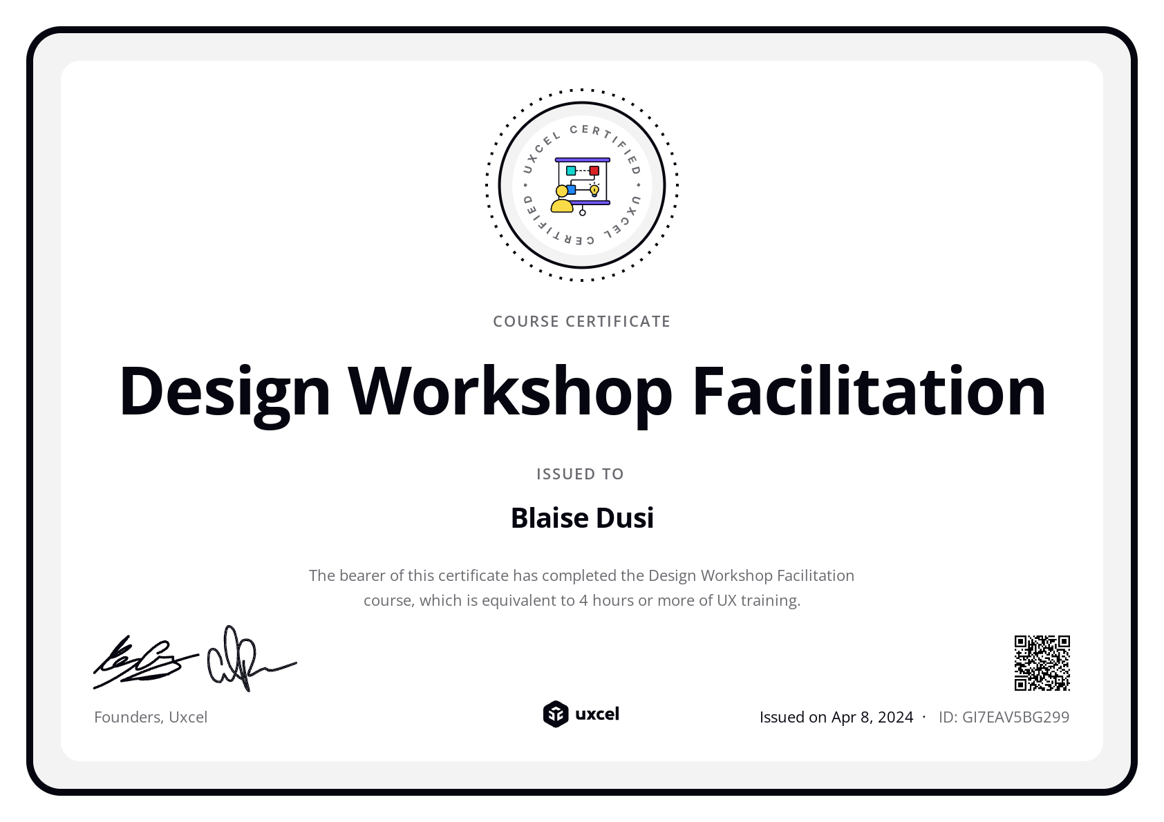 Blaise Dusi's certificate